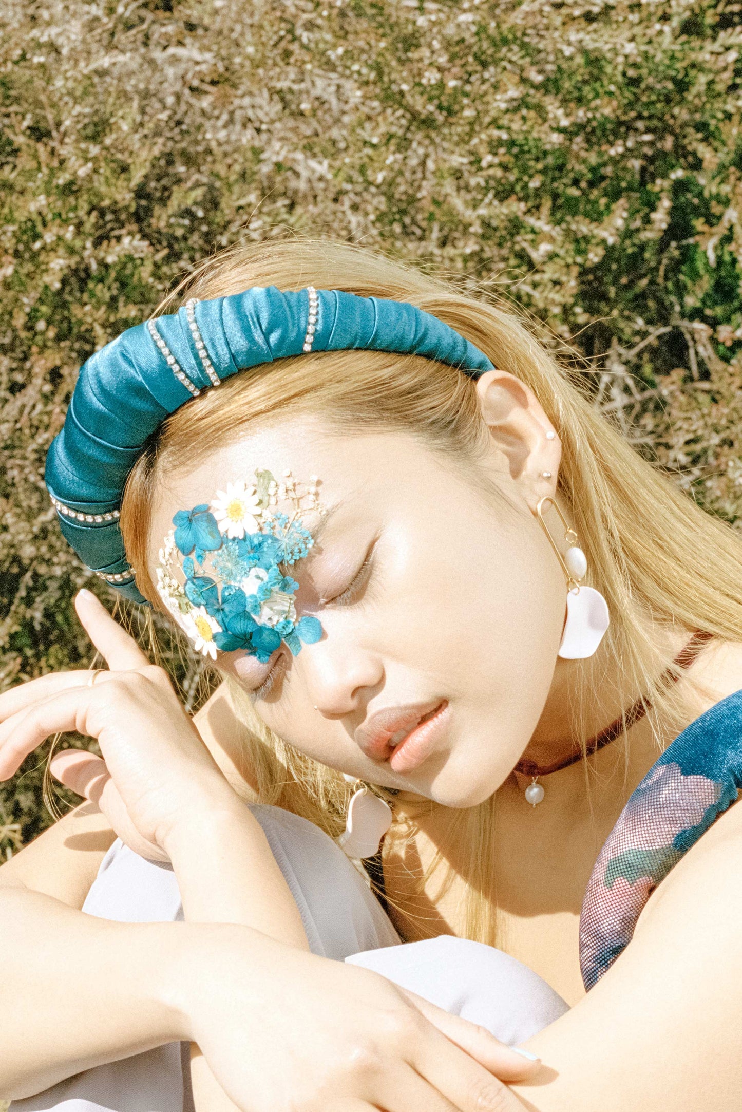 Satin Diamanté Ruffle Headband Teal