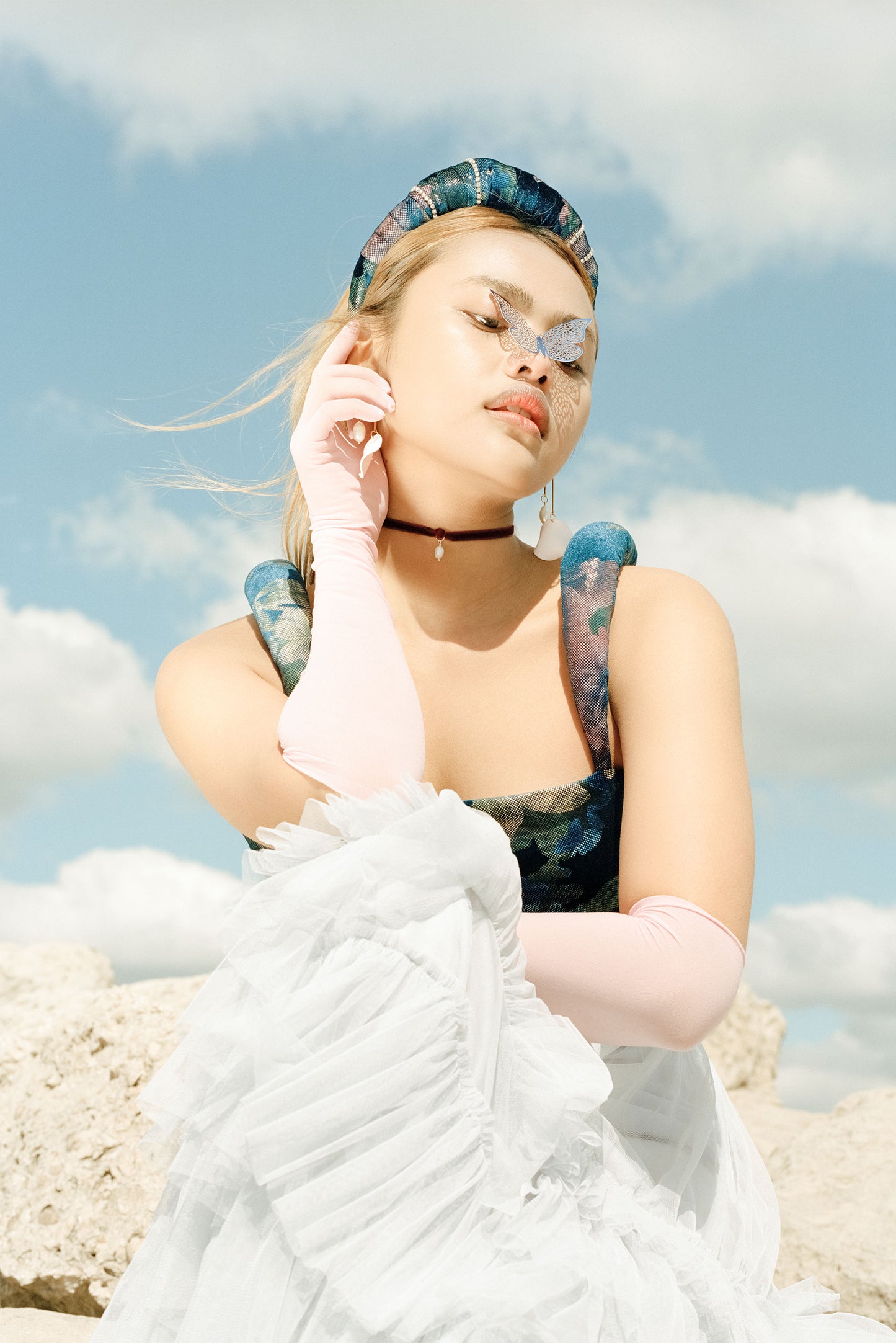 No Wallflower Project Diamante Velvet Ruffle Padded Headband Teal Floral