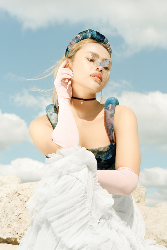 No Wallflower Project Diamante Velvet Ruffle Padded Headband Teal Floral