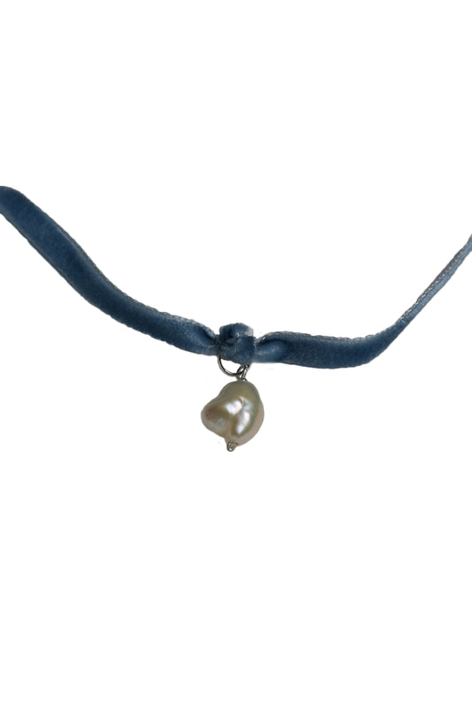 No Wallflower Project Powder Blue Velvet Freshwater Baroque Pearl Choker Necklace